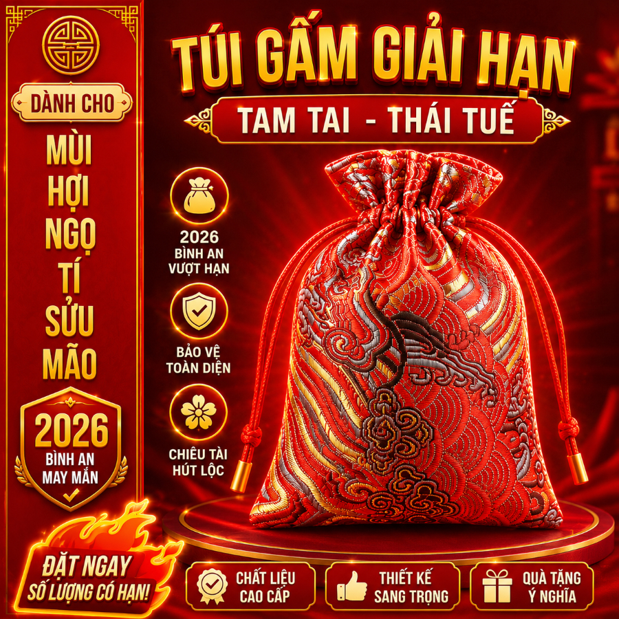 Túi gấm đỏ, túi muối hồng Himalaya phong thủy hóa giải Tam Tai Thái Tuế kèm đá thạch anh, xu Âm Dương.