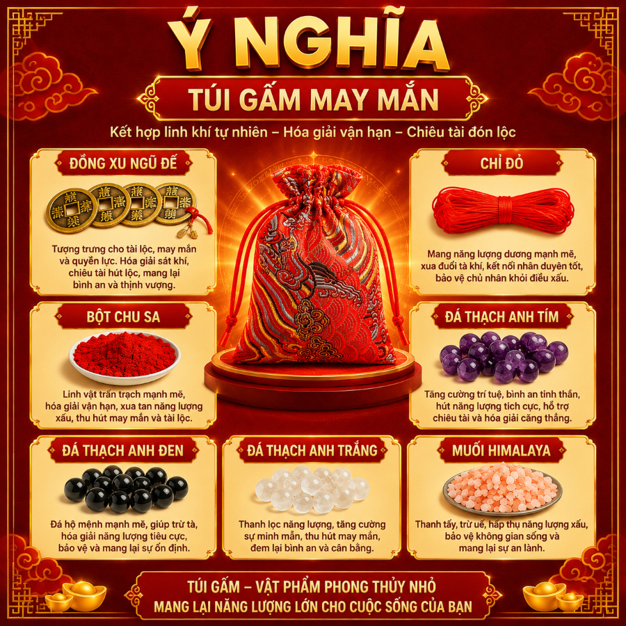 Túi gấm đỏ, túi muối hồng Himalaya phong thủy hóa giải Tam Tai Thái Tuế kèm đá thạch anh, xu Âm Dương.