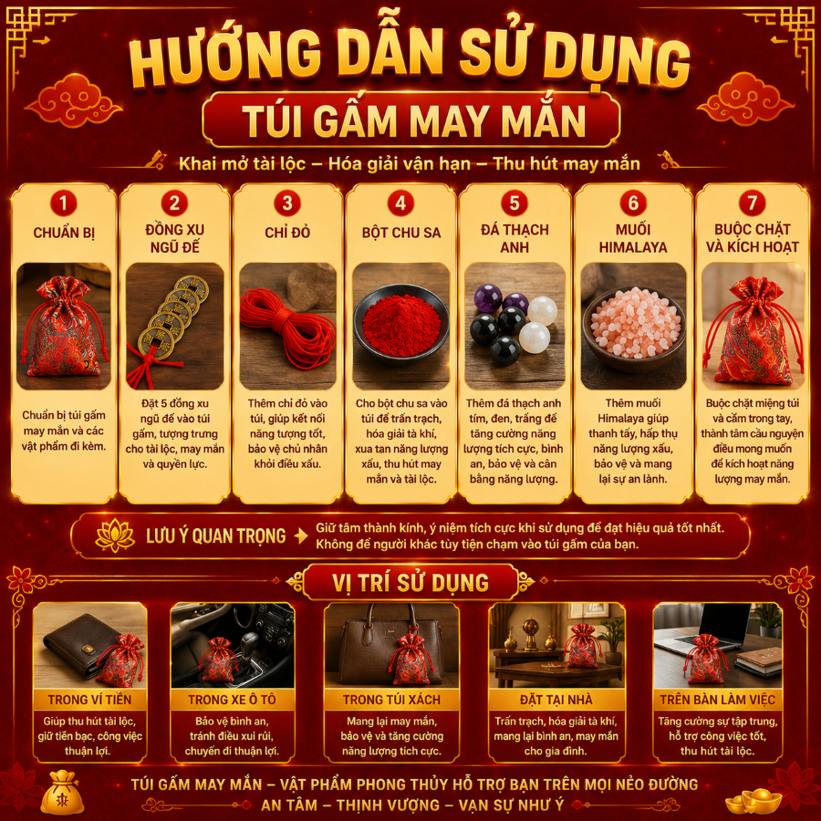 Túi gấm đỏ, túi muối hồng Himalaya phong thủy hóa giải Tam Tai Thái Tuế kèm đá thạch anh, xu Âm Dương.
