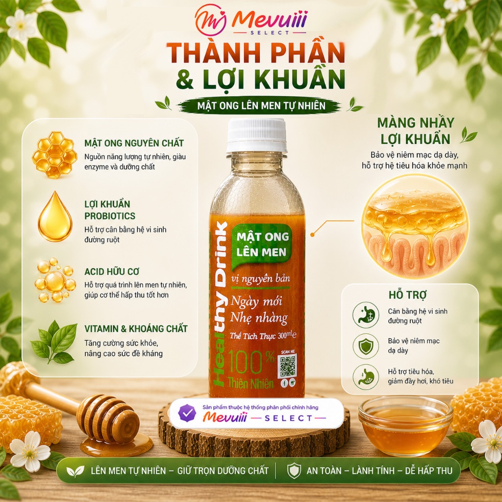 MOLM NB - Mật Ong Lên Men Tự Nhiên 300ml, Hỗ Trợ Tiêu Hóa, Đẹp Da, Tăng Đề Kháng, Lợi Khuẩn Tốt
