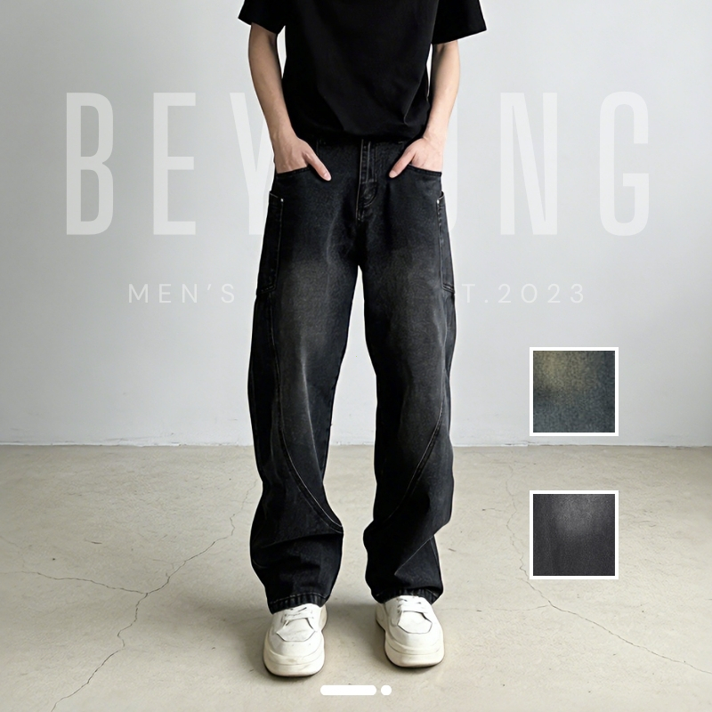 Quần jeans nam rách cổ điển ống đứng eo cao thắt lưng co giãn túi to 2 màu đen xanh dương Jean baggy