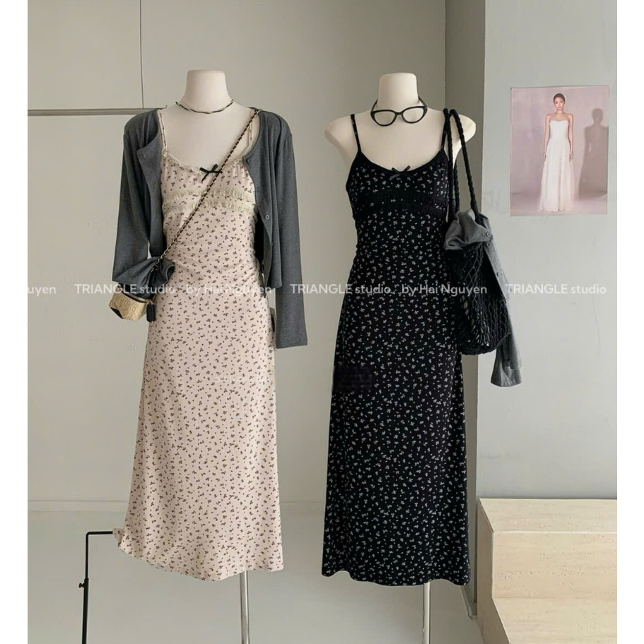 TRIANGLE - Spring Flower Dress (Cân nhắc kỹ, return is not welcomed) Set đầm hai dây hoa nhí phối ren mix áo khoác mỏng