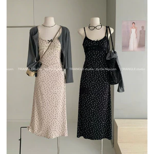 TRIANGLE - Spring Flower Dress (Cân nhắc kỹ, return is not welcomed) Set đầm hai dây hoa nhí phối ren mix áo khoác mỏng