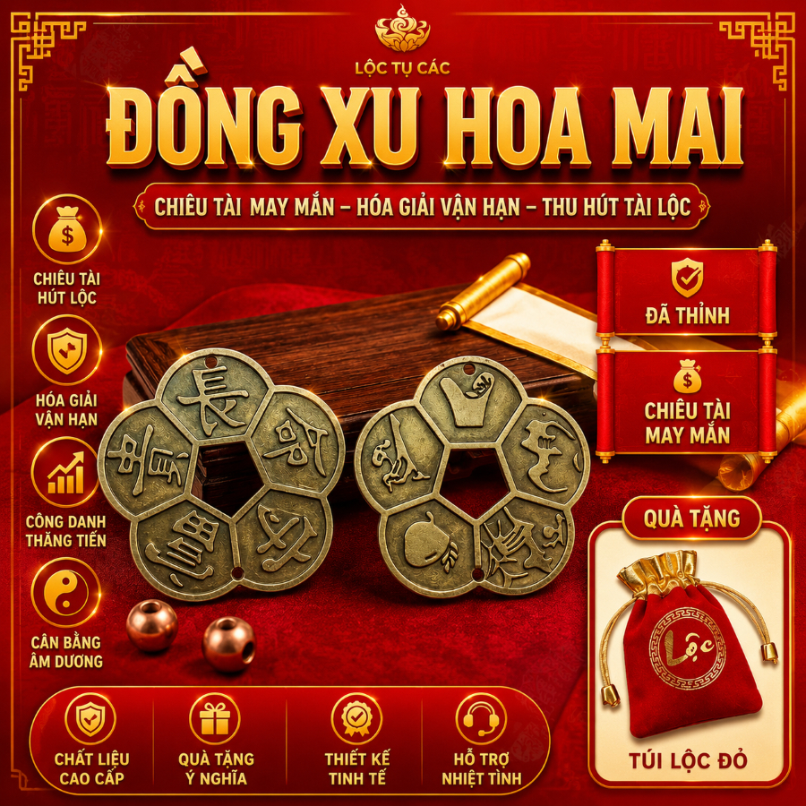 Đồng xu hoa mai, xu phú quý Lộc Tụ Các ( ĐÃ THỈNH, TẶNG TÚI LỘC ) biểu tượng cho ngũ phúc hút tài lộc