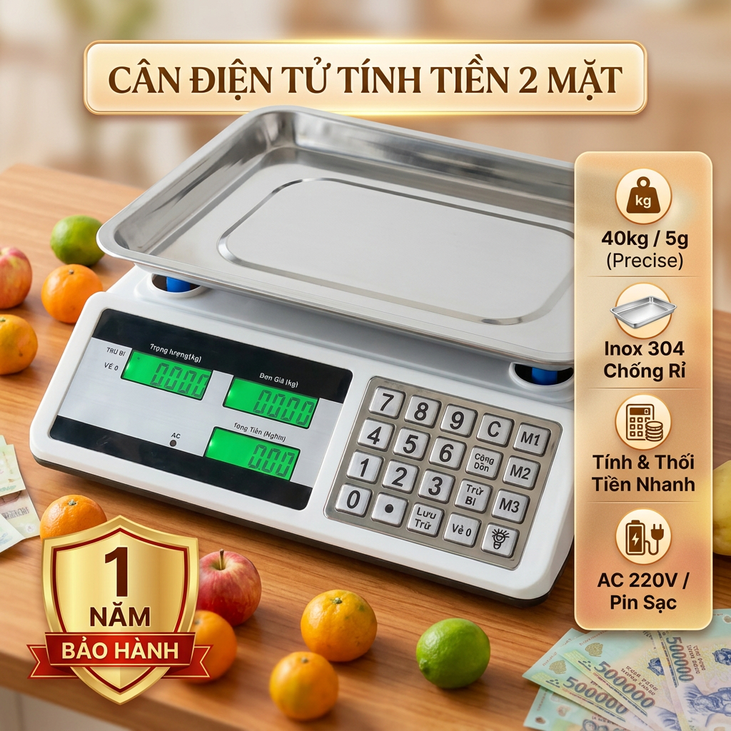 Cân Điện Tử 40Kg, Chính Xác 5g, Màn Hình LED 2 Mặt, Dùng Pin Hoặc Sạc, Tính Tiền Thông Minh, Phù Hợp Cửa Hàng, Chợ, Kinh