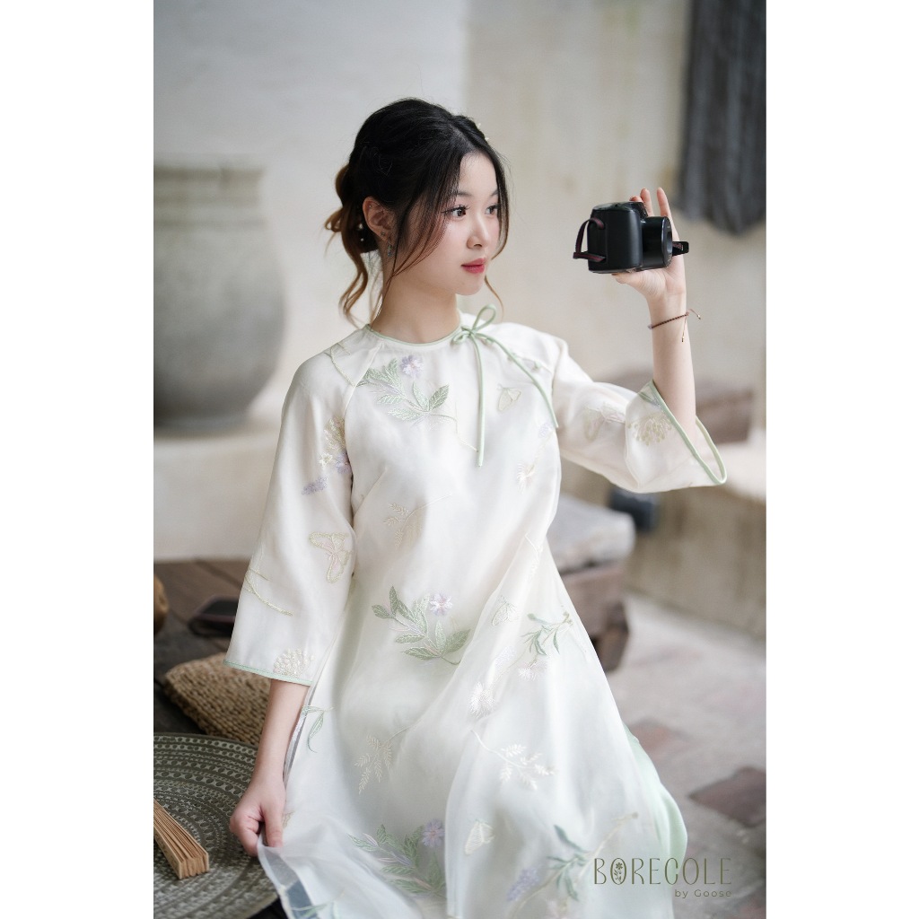 ✿Tặng trâm - BORECOLE✿ áo dài Hoa Nhiên / 4 tà thêu họa tiết hoa / cúc & dây nơ / tơ sương thêu & lụa Châu Sa cao cấp