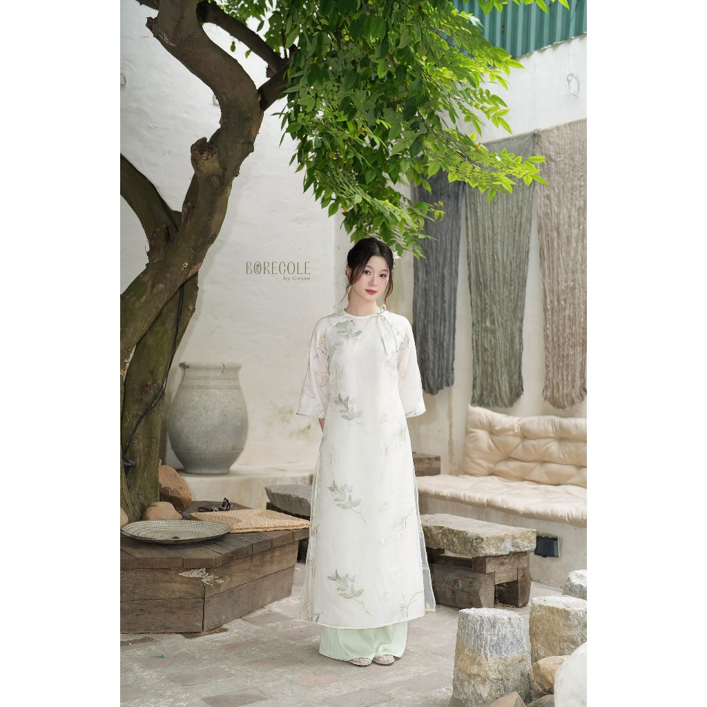 ✿Tặng trâm - BORECOLE✿ áo dài Hoa Nhiên / 4 tà thêu họa tiết hoa / cúc & dây nơ / tơ sương thêu & lụa Châu Sa cao cấp