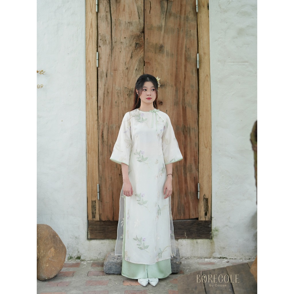 ✿Tặng trâm - BORECOLE✿ áo dài Hoa Nhiên / 4 tà thêu họa tiết hoa / cúc & dây nơ / tơ sương thêu & lụa Châu Sa cao cấp