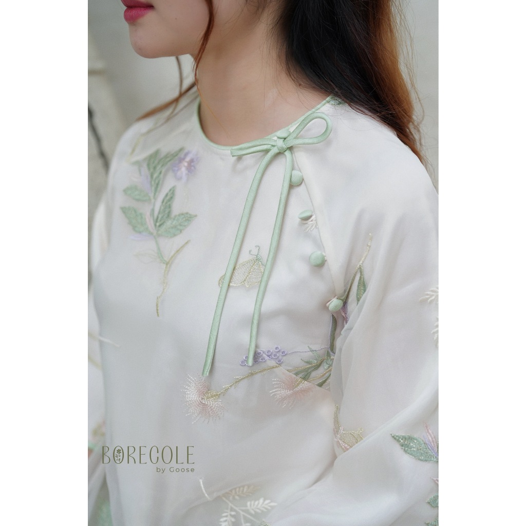 ✿Tặng trâm - BORECOLE✿ áo dài Hoa Nhiên / 4 tà thêu họa tiết hoa / cúc & dây nơ / tơ sương thêu & lụa Châu Sa cao cấp