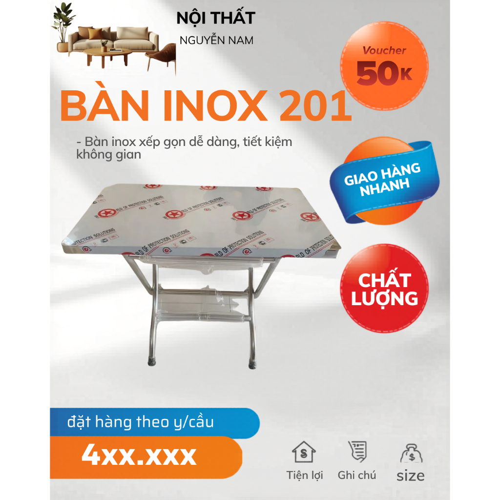 Bàn Chữ Nhật xếp gọn Inox 100% bền đẹp, chắc chắn - phù hợp bữa tiệc, nhà hàng, Gia đình