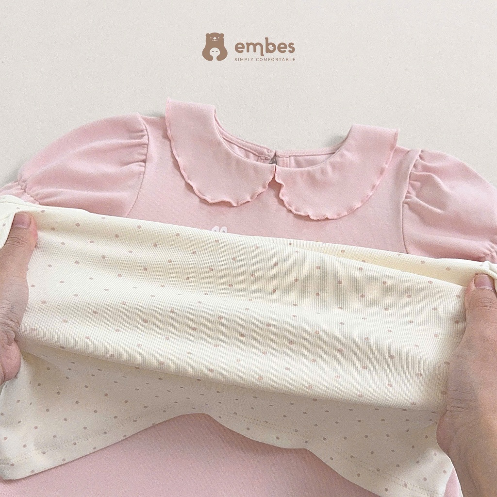 Áo Cộc Bé Gái Embes, Áo Cộc Tay Viền Bèo Phối Cổ Sen In Hình Chất Cotton Cho Bé Gái Size Từ 8-17Kg