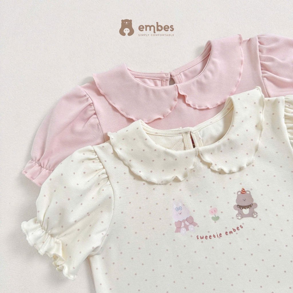 Áo Cộc Bé Gái Embes, Áo Cộc Tay Viền Bèo Phối Cổ Sen In Hình Chất Cotton Cho Bé Gái Size Từ 8-17Kg