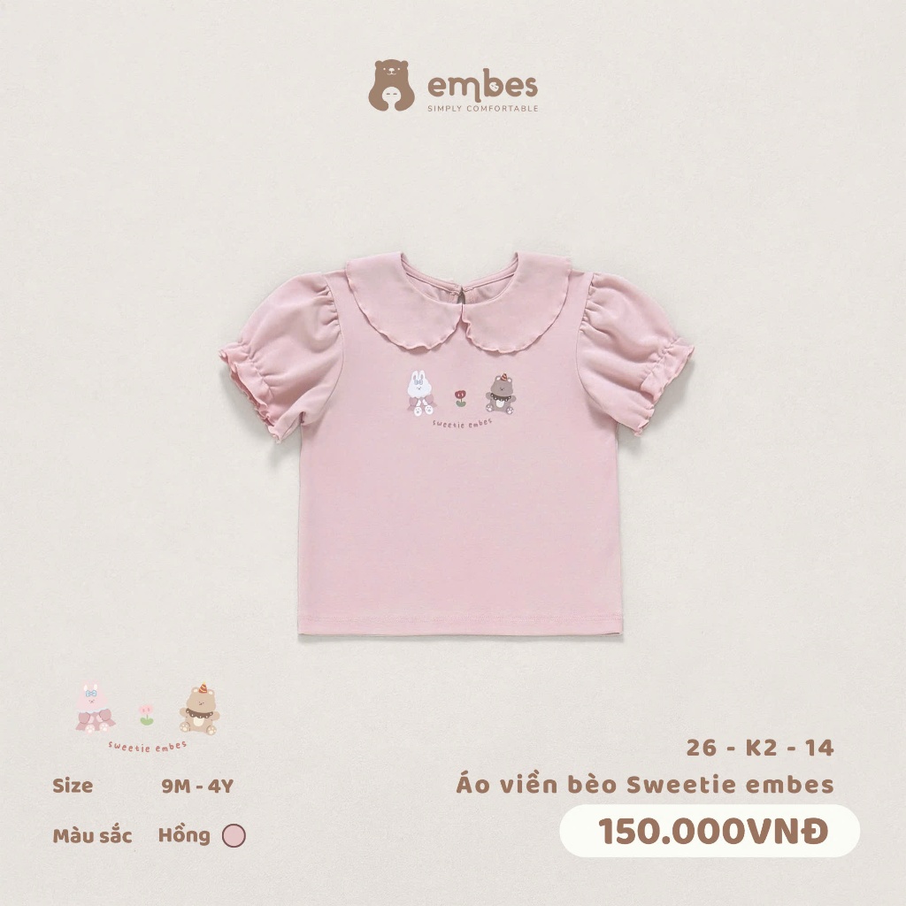 Áo Cộc Bé Gái Embes, Áo Cộc Tay Viền Bèo Phối Cổ Sen In Hình Chất Cotton Cho Bé Gái Size Từ 8-17Kg