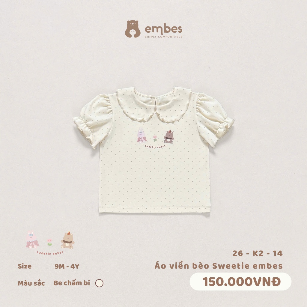 Áo Cộc Bé Gái Embes, Áo Cộc Tay Viền Bèo Phối Cổ Sen In Hình Chất Cotton Cho Bé Gái Size Từ 8-17Kg