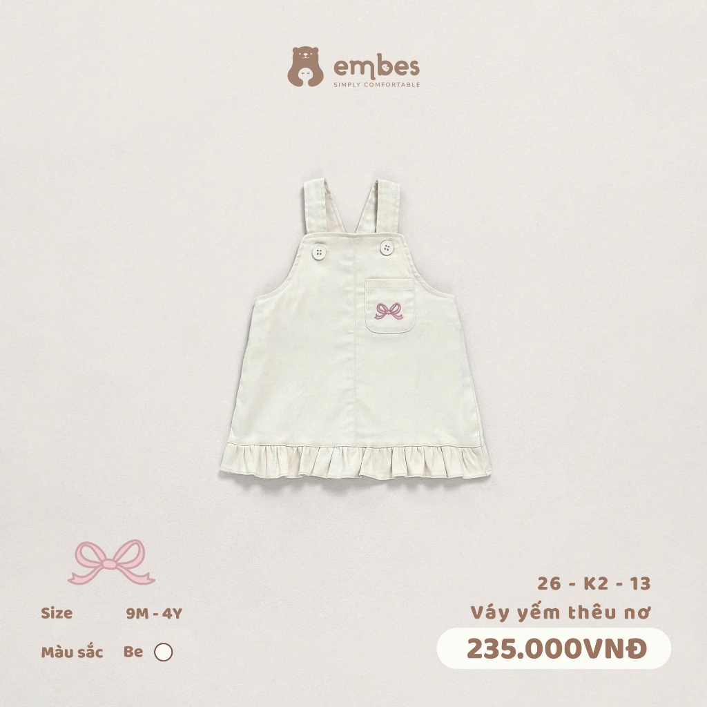 Váy Yếm Cho Bé Embes, Váy Yếm Thêu Nơ Kiểu Dáng Baby Chất Kaki Đứng Form Cho Bé Gái Size Từ 8-17Kg