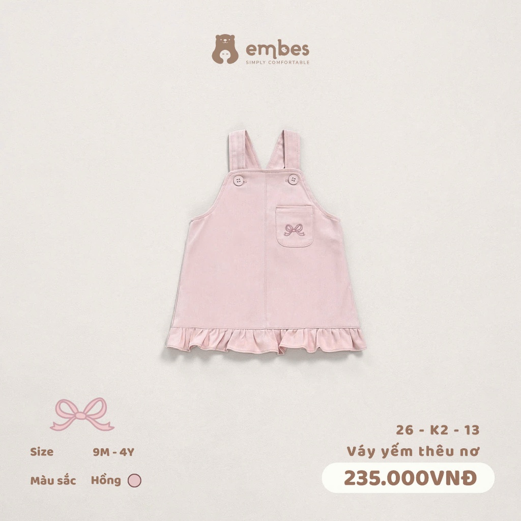 Váy Yếm Cho Bé Embes, Váy Yếm Thêu Nơ Kiểu Dáng Baby Chất Kaki Đứng Form Cho Bé Gái Size Từ 8-17Kg