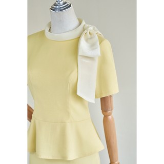 Áo Peplum LAMER Cổ Phối Nơ Vai Phối Chân Váy Ôm Bút Chì Xẻ Sau Dáng Dài Công Sở Thanh Lịch L61B26Q008 L62F26Q006