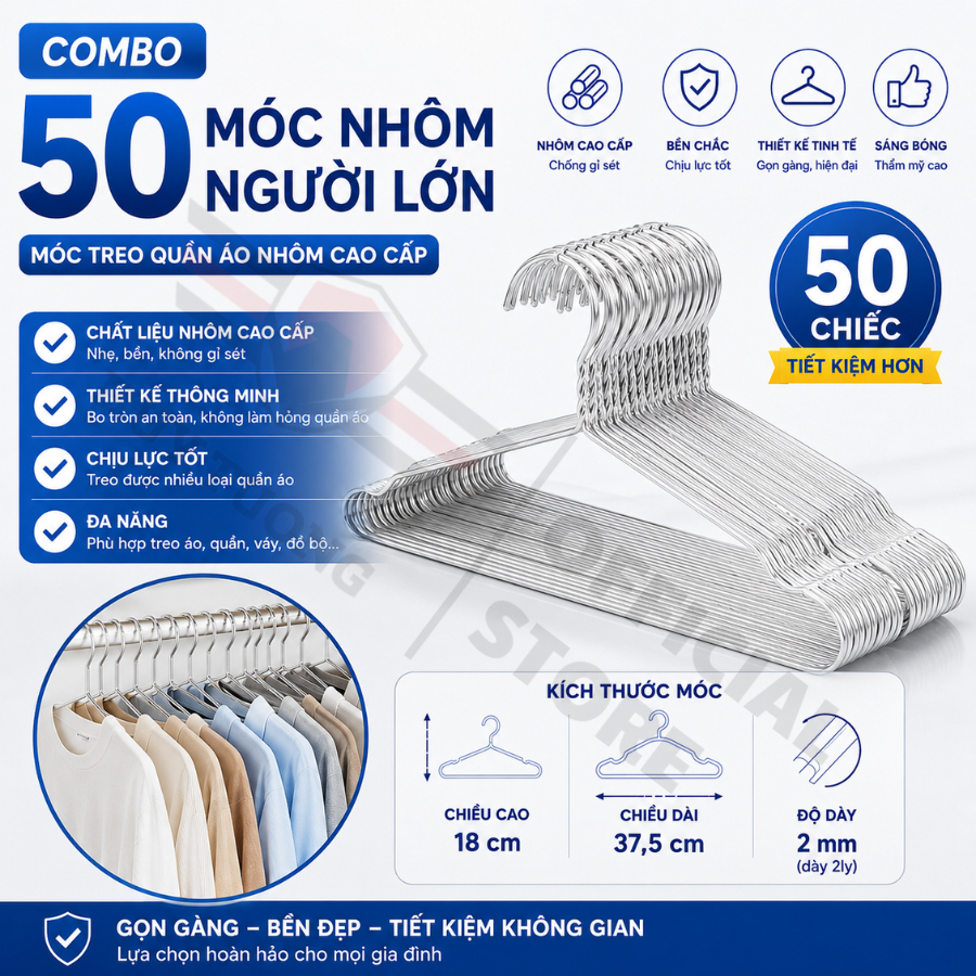 Combo 50 Móc Nhôm Treo Quần Áo Huy Tưởng  Móc Phơi Đồ Cao Cấp Cho Người Lớn Trẻ Em. | BigBuy360 - bigbuy360.vn