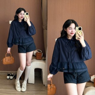 Áo sơ mi thô hàn cổ sen phối ren điệu tiểu thư nàng thơ 247Store AoSoMiH018