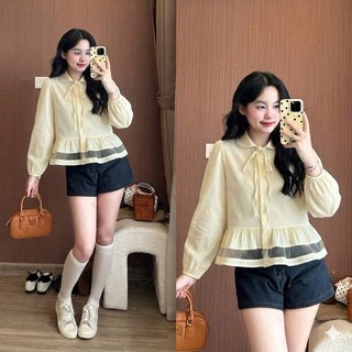 Áo sơ mi thô hàn cổ sen phối ren điệu tiểu thư nàng thơ 247Store AoSoMiH018