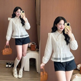 Áo sơ mi thô hàn cổ sen phối ren điệu tiểu thư nàng thơ 247Store AoSoMiH018