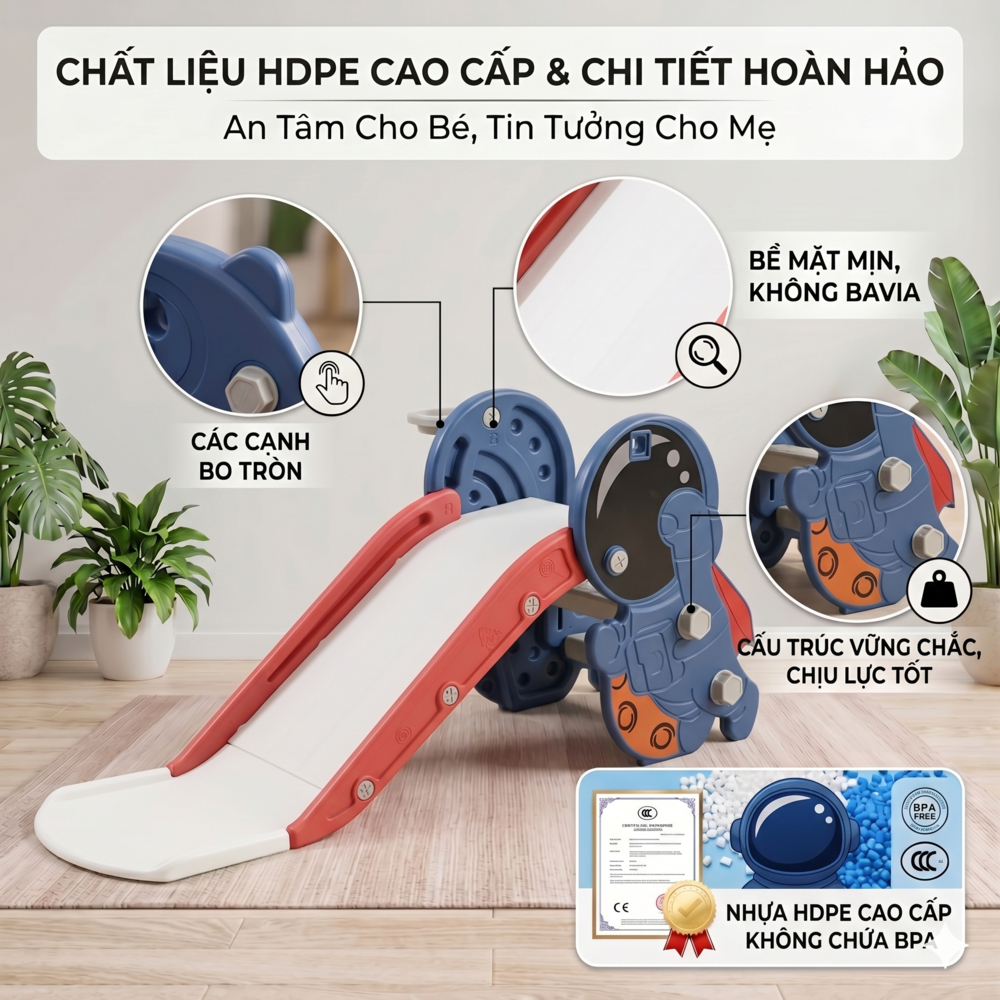 Cầu Trượt Cho Bé - Đồ Chơi Hình Phi Hành Gia Kèm Bóng Rổ Gấp Gọn Trong Nhà Chắc Chắn Chống Trượt An Toàn