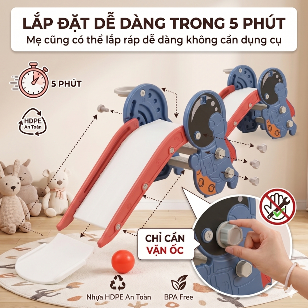 Cầu Trượt Cho Bé - Đồ Chơi Hình Phi Hành Gia Kèm Bóng Rổ Gấp Gọn Trong Nhà Chắc Chắn Chống Trượt An Toàn