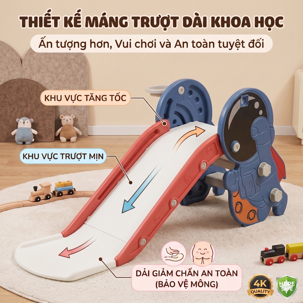 Cầu Trượt Cho Bé - Đồ Chơi Hình Phi Hành Gia Kèm Bóng Rổ Gấp Gọn Trong Nhà Chắc Chắn Chống Trượt An Toàn