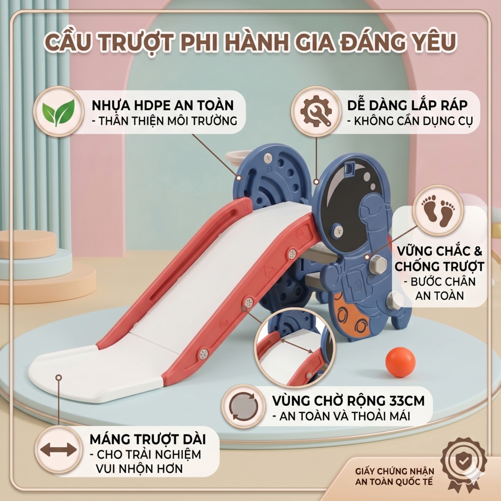 Cầu Trượt Cho Bé - Đồ Chơi Hình Phi Hành Gia Kèm Bóng Rổ Gấp Gọn Trong Nhà Chắc Chắn Chống Trượt An Toàn