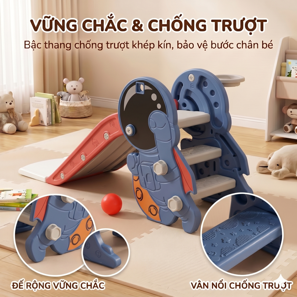 Cầu Trượt Cho Bé - Đồ Chơi Hình Phi Hành Gia Kèm Bóng Rổ Gấp Gọn Trong Nhà Chắc Chắn Chống Trượt An Toàn