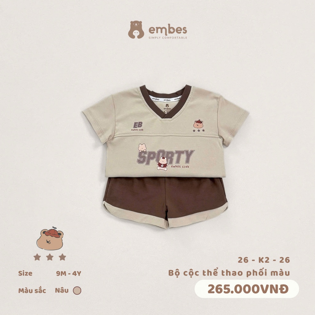 Bộ Cộc Cho Bé Embes, Bộ Cộc Tay In Hình "SPORTY" Cổ Chữ V Dáng Thể Thao Cho Bé Trai Bé Gái Từ 8-17Kg
