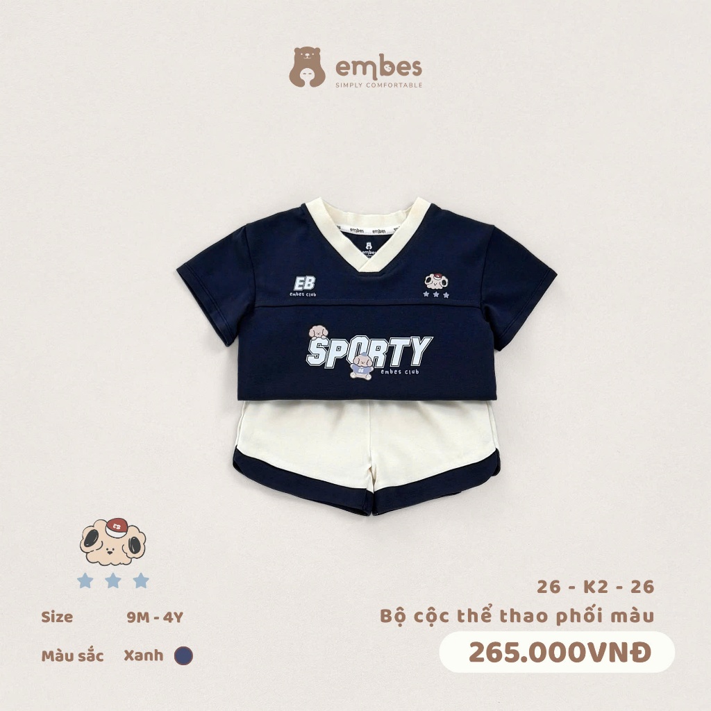 Bộ Cộc Cho Bé Embes, Bộ Cộc Tay In Hình "SPORTY" Cổ Chữ V Dáng Thể Thao Cho Bé Trai Bé Gái Từ 8-17Kg