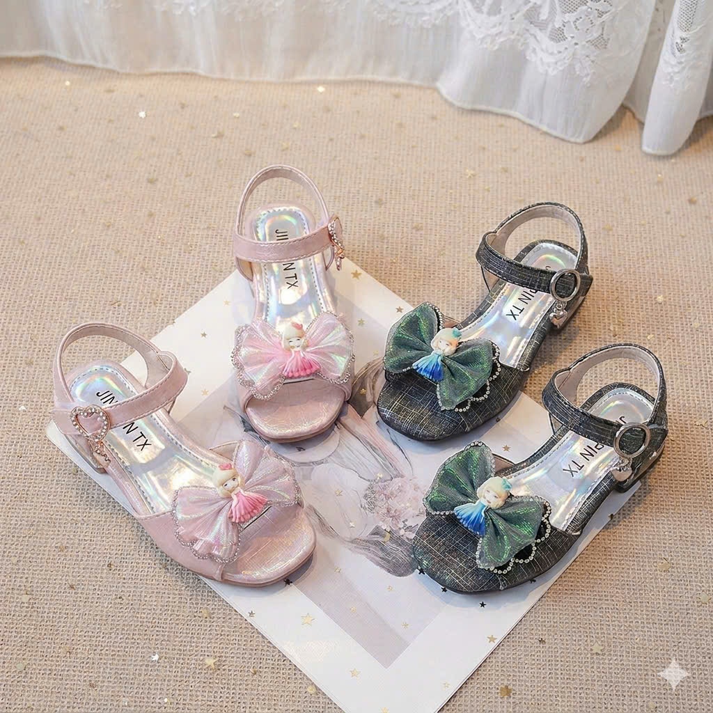 sandal bé gái dép quai hậu cho bé nơ đá sang chảnh cao gót đế dẻo da PU mềm không đau chân thời trang hè mẫu mới 8107