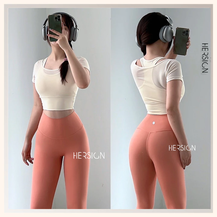HERSIGN Set đồ tập gym nữ Đồ tập yoga nữ chạy bộ đạp xe áo ngắn tay quần dài SMIXC32L39A BST HERSIGN EASE