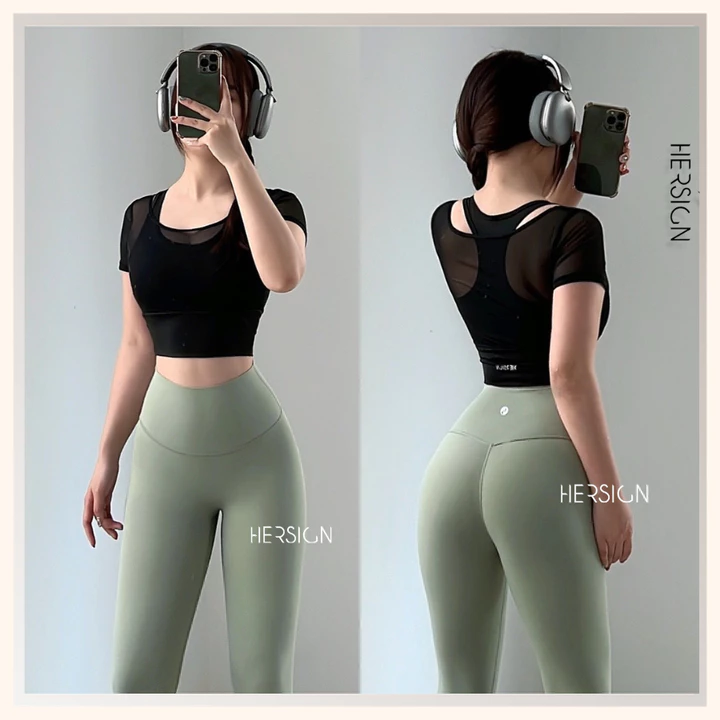 HERSIGN Set đồ tập gym nữ Đồ tập yoga nữ chạy bộ đạp xe áo ngắn tay quần dài SMIXC32L39A BST HERSIGN EASE