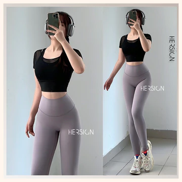 HERSIGN Set đồ tập gym nữ Đồ tập yoga nữ chạy bộ đạp xe áo ngắn tay quần dài SMIXC32L39A BST HERSIGN EASE
