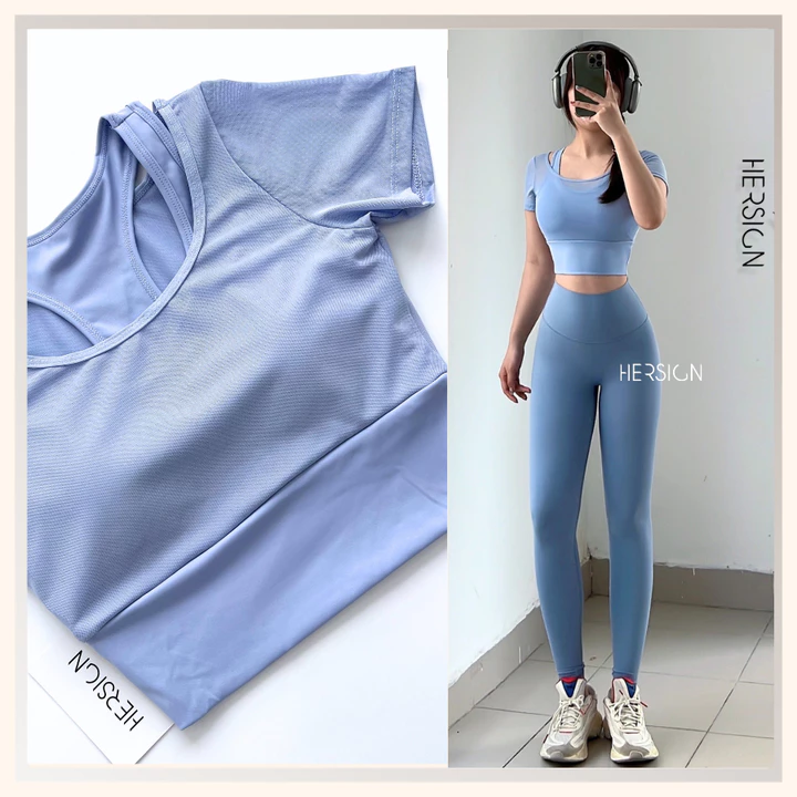 HERSIGN Set đồ tập gym nữ Đồ tập yoga nữ chạy bộ đạp xe áo ngắn tay quần dài SMIXC32L39A BST HERSIGN EASE