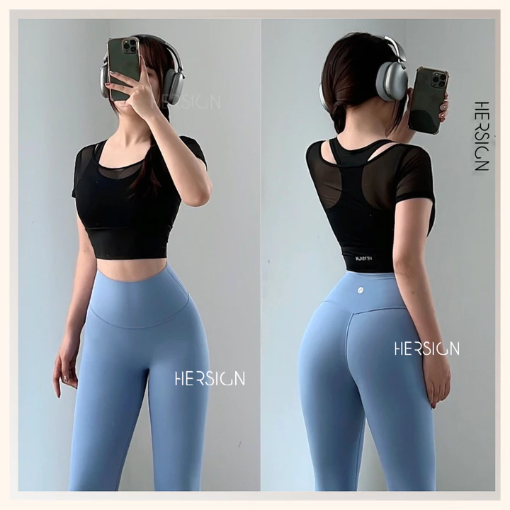 HERSIGN Set đồ tập gym nữ Đồ tập yoga nữ chạy bộ đạp xe áo ngắn tay quần dài SMIXC32L39A BST HERSIGN EASE