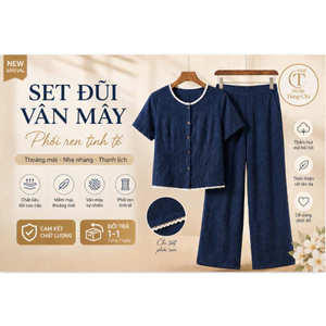 Set Bộ Đũi Vân Mây Phối Ren, Quần Ống Suông Thanh Lịch