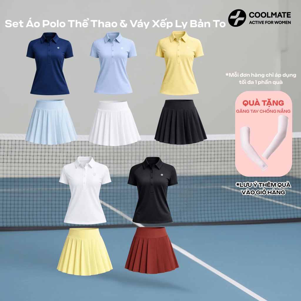 [TẶNG GĂNG TAY] Set Đồ Thể thao Coolmate nữ tập Pickleball Cầu lông Lennis Áo polo & Chân váy xếp ly bản to