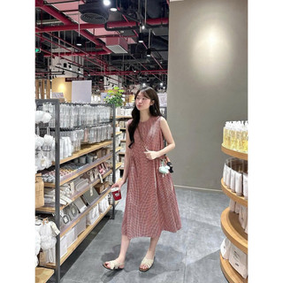 ĐẦM VÁY BA LỖ KẺ ĐỎ DÁNG DÀI NỮ BASIC, VÁY SÁT NÁCH ĐỎ NỮ
