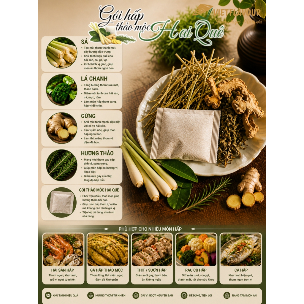 🌿 Gói hấp thảo mộc HAI QUÊ hấp hải sản, thịt cá rau củ khử tanh, giữ trọn dinh dưỡng