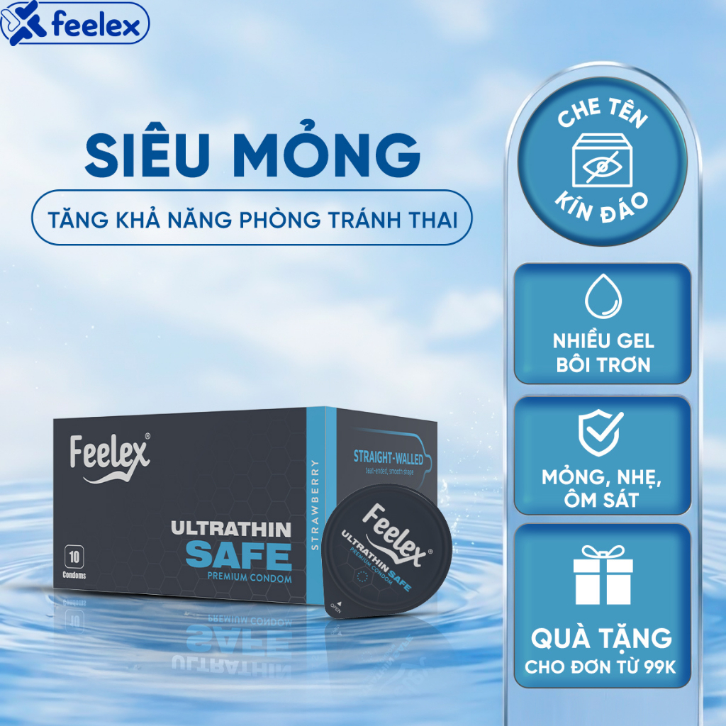 Bao cao su Feelex Ultrathin Safe siêu mỏng, nhiều gel bôi trơn - Hộp 10 ...