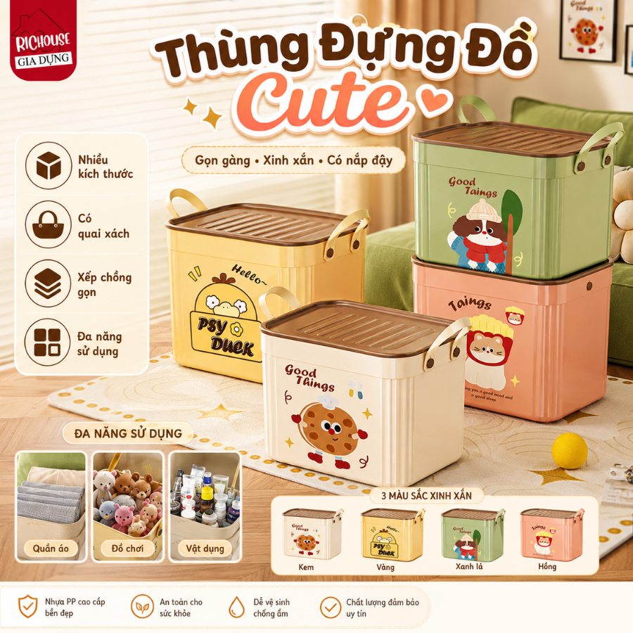 Thùng Nhựa Đựng Đồ Cookie Dễ Thương Có Nắp, Hộp Lưu Trữ Đồ Chơi, Quần Áo, Có Quai Xách Tiện Lợi