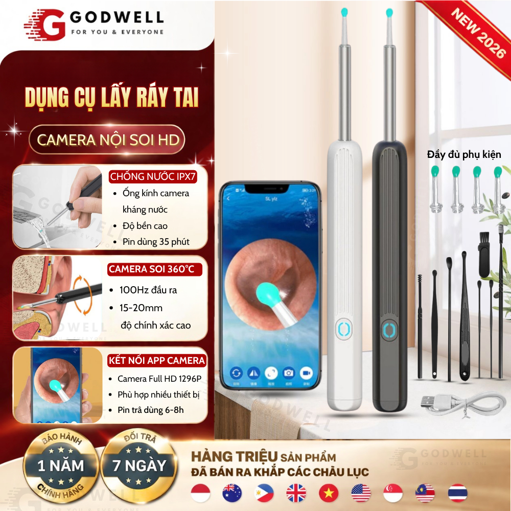 Bộ Dụng Cụ Lấy Ráy Tai GODWELL Có Gắn Camera Nội Soi Đa Năng Hình Ảnh Full HD 1296P Sắc Nét