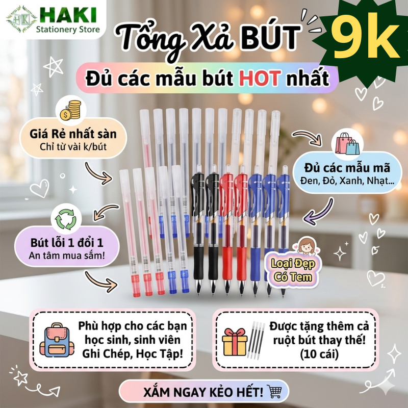 Xả Tất Cả Bút - Bút gel màu đen đỏ xanh ngòi 0.5mm HAKI thiết kế đơn giản dụng cụ văn phòng phẩm B65