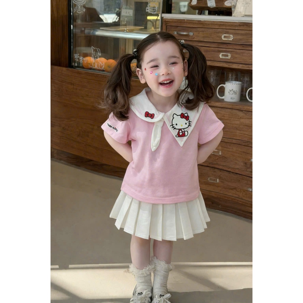 Sét Váy Bé Gái Màu Hồng Hello Kitty, Bộ Váy Thủy Thủ Xếp Ly Cho Bé Từ 1-7 Tuổi (7-26kg) Cao Cấp - Voi Kids Style