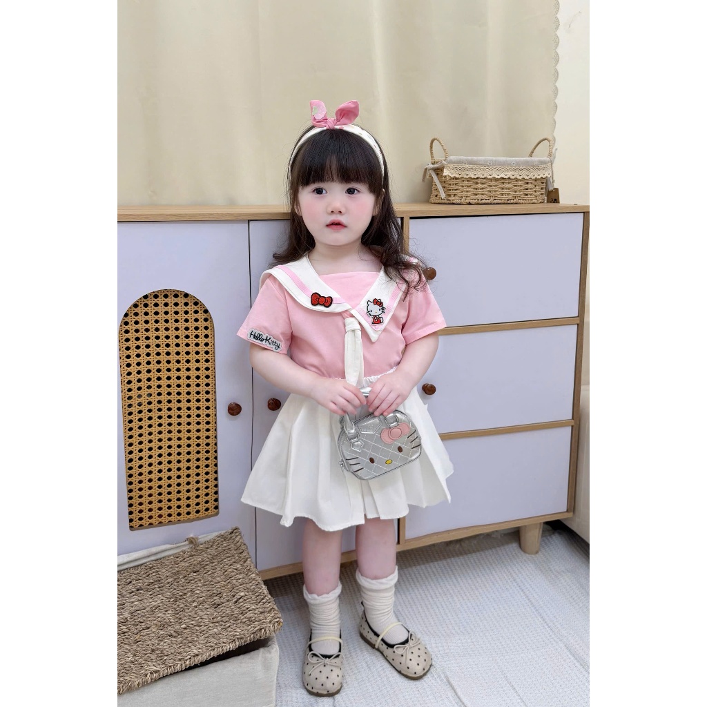 Sét Váy Bé Gái Màu Hồng Hello Kitty, Bộ Váy Thủy Thủ Xếp Ly Cho Bé Từ 1-7 Tuổi (7-26kg) Cao Cấp - Voi Kids Style