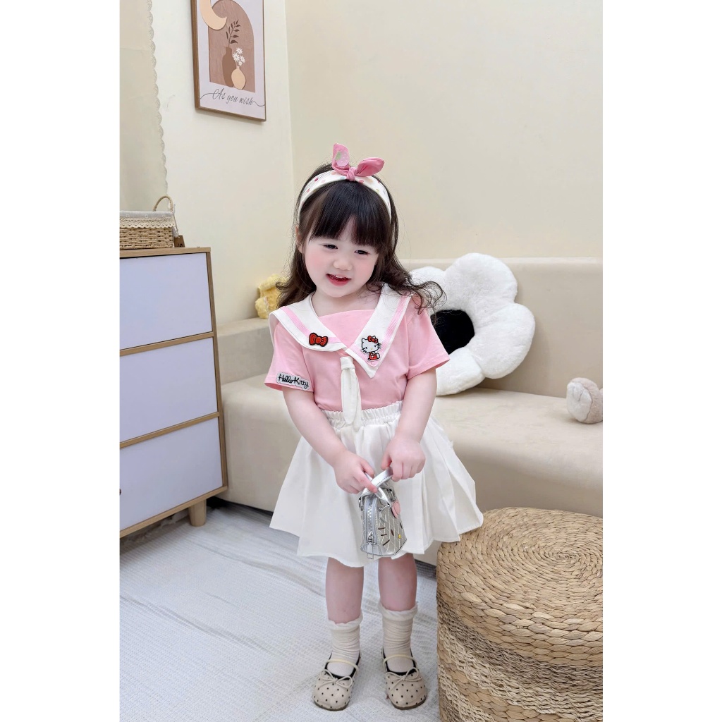 Sét Váy Bé Gái Màu Hồng Hello Kitty, Bộ Váy Thủy Thủ Xếp Ly Cho Bé Từ 1-7 Tuổi (7-26kg) Cao Cấp - Voi Kids Style
