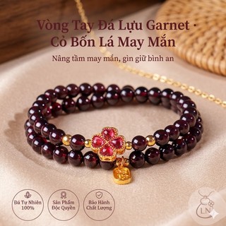 Vòng Tay Đá Garnet Đỏ Tự Nhiên Mix Charm Cỏ Bốn Lá Vòng Đeo Tay Nữ Chiêu Tài Tấn Lộc Đồ Trang Sức Phụ Kiện Thời Trang Ca